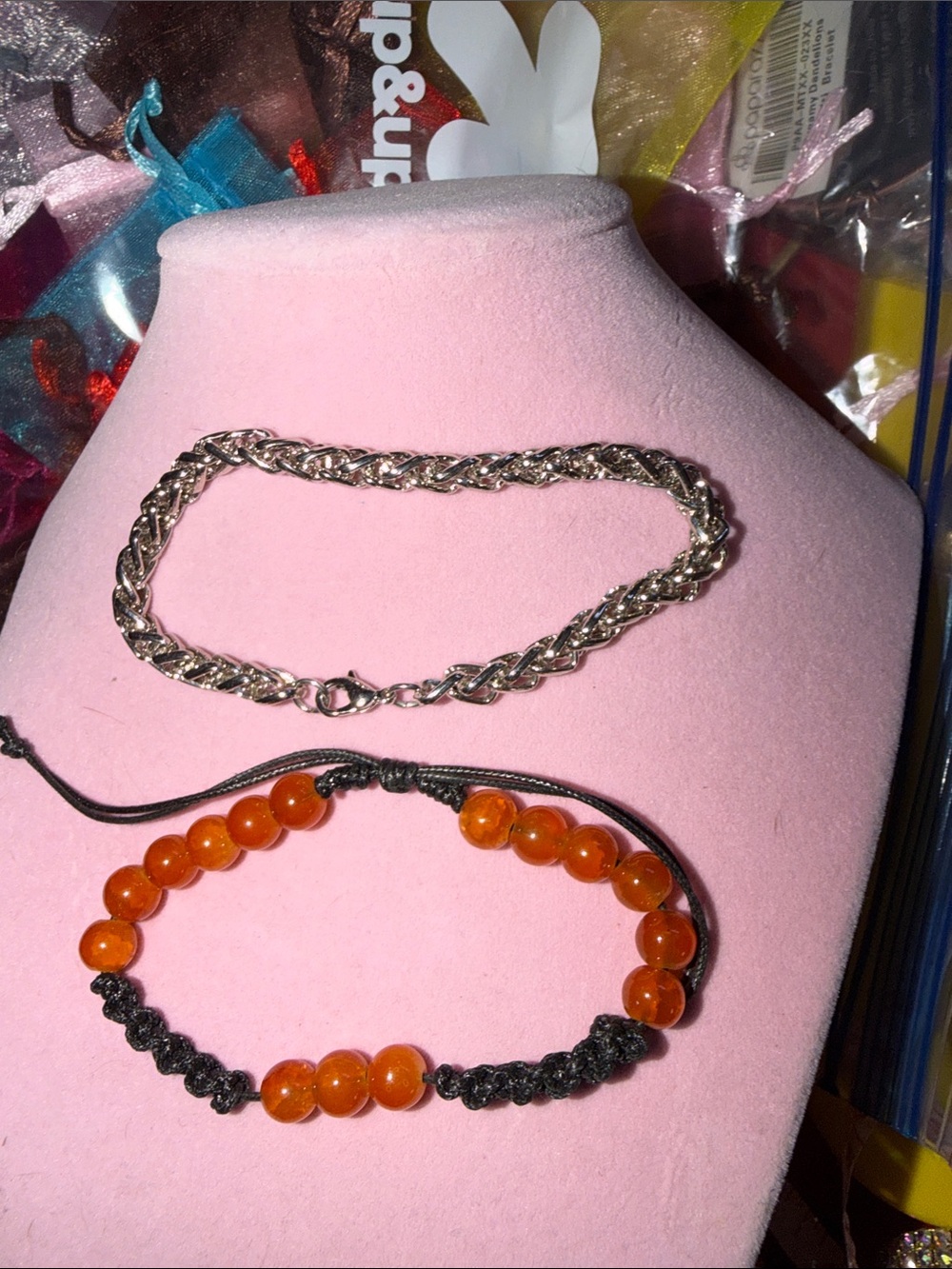 Silver Tone 8” Rope Chain Bracelet and Orange Bead Macramé Bracelet Set (J0280)